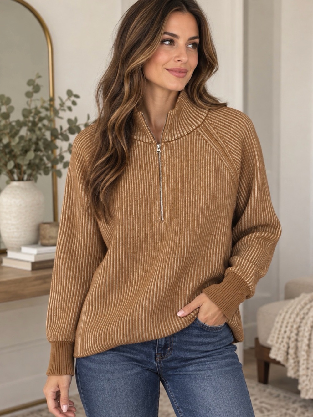 Zenana Outfitters Ribbed Half-Zip Sweater in Camel Brown